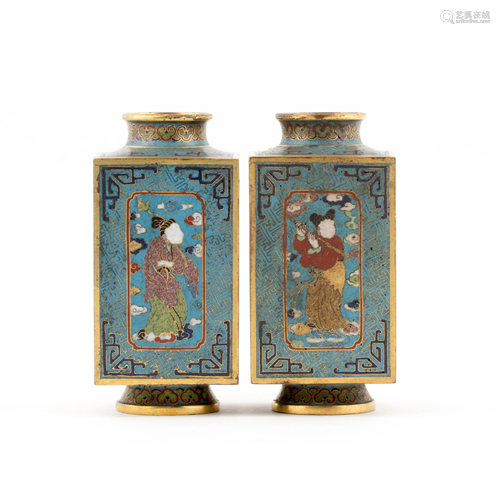 PAIR OF CHINESE GILT BRONZE CLOISONNE SQUARE VASE