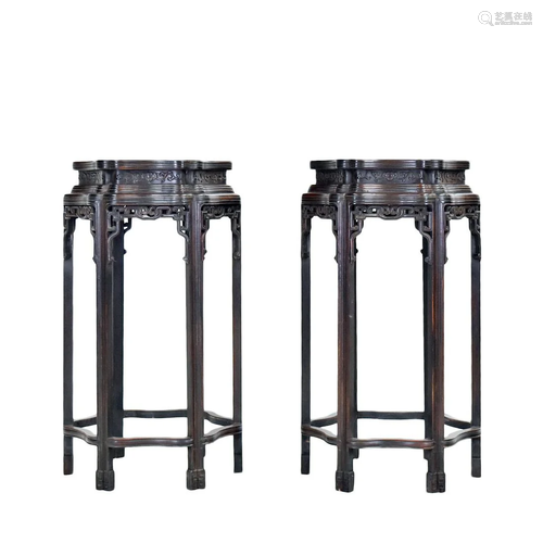 19TH C PAIR OF ZITAN HEXAGONAL FLORI-FORM STANDS