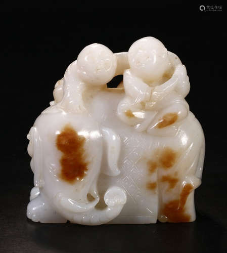 HETIAN JADE CARVED KID&ELEPHANT PENDANT