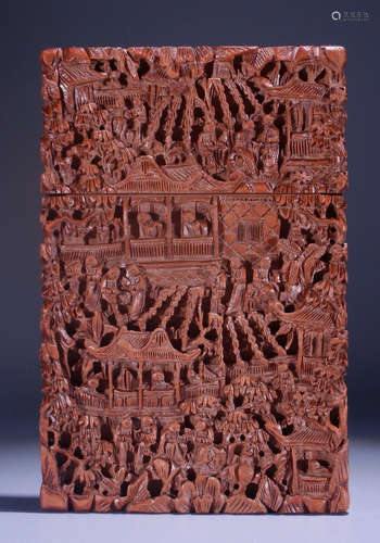 TANXIANG WOOD CARVED FIGURE STORY PATTERN CARD BOX