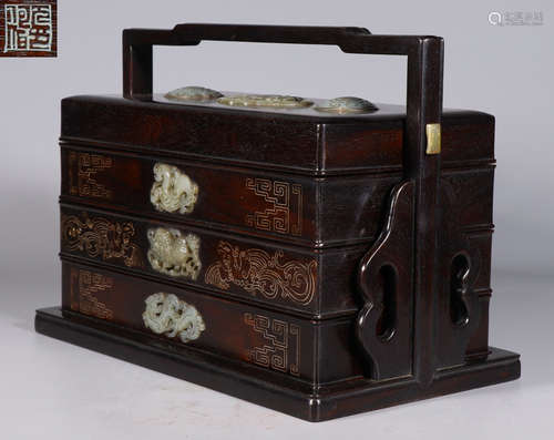 ZITAN WOOD WITH SILVER&JADE CARVED BOX