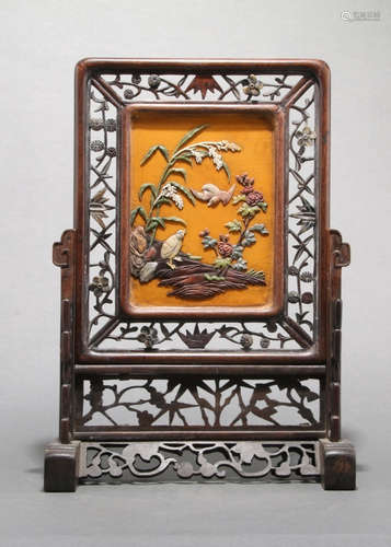 HUALI WOOD WITH GEM CARVED FLOWER&BIRD PATTERN SCREEN