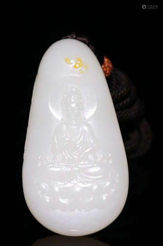 HETIAN JADE SEED CARVED GUANYIN BUDDHA PATTEN PENDANT