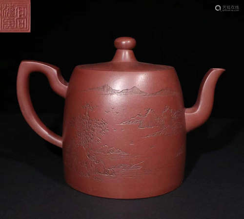 ZISHA TEA POT CARVED WITH LANDSCAPE