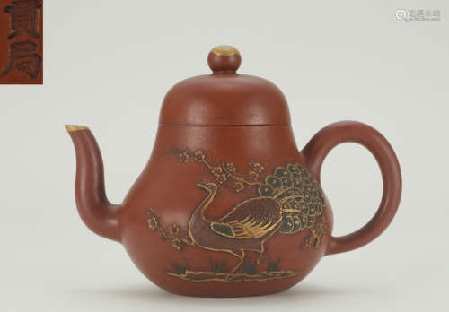 GONGJU MARK ZISHA TEA POT PAINTED WITH PEACOCK