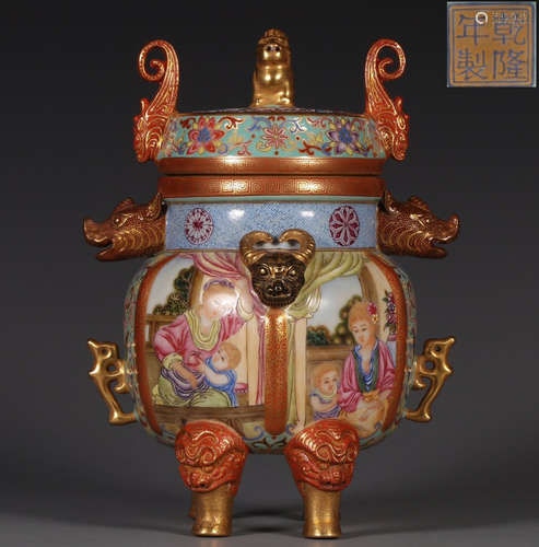 QIANLONG MARK FAMILLE ROSE GLAZE STORY PATTERN CENSER