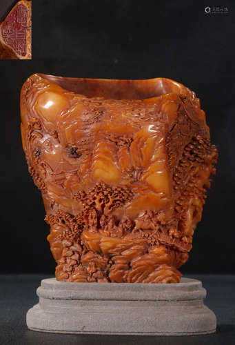 TIANHUANG STONE BRUSH POT CARVED WITH LANDSCAPE