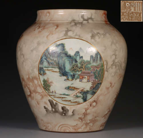 QIANLONG MARK FAMILLE ROSE GLAZE LANDSCAPE JAR