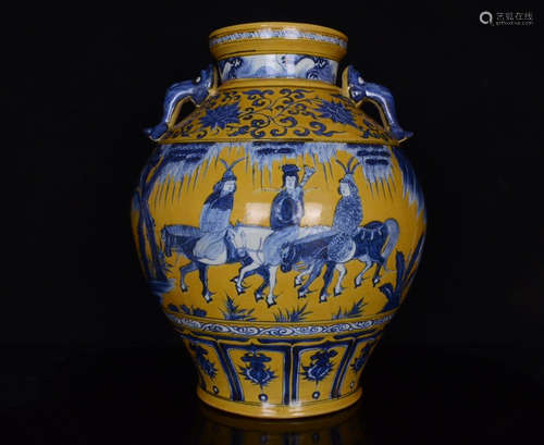 BLUE&WHITE GLAZE&YELLOW GLAZE STORY PATTERN JAR