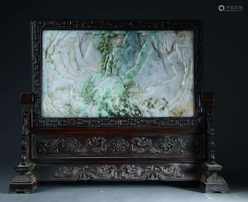 JADEITE SCREEN WITH RED WOOD FRAME