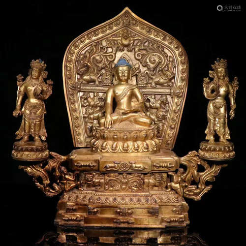 GILT BRONZE TRINITY BUDDHA STATUE