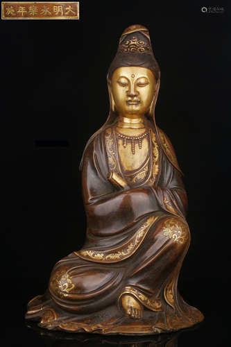 DAMINGYONGLE MARK GILT BRONZE GUANYIN BUDDHA STATUE