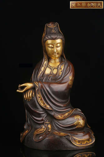 DAMINGYONGLE MARK GILT BRONZE GUANYIN BUDDHA STATUE