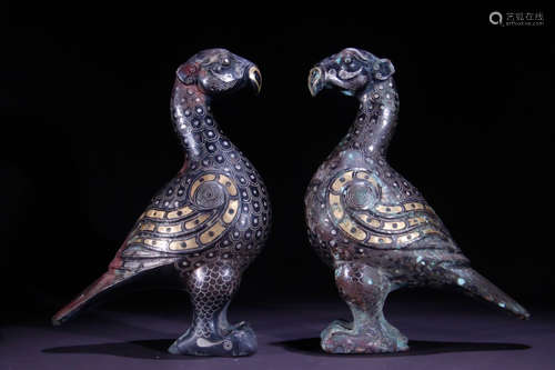 PAIR OF COPPER&GOLD BIRD ORNAMENT