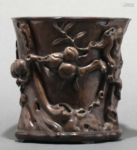 CHENXIANG WOOD BRUSH POT CARVED WITH PEACH