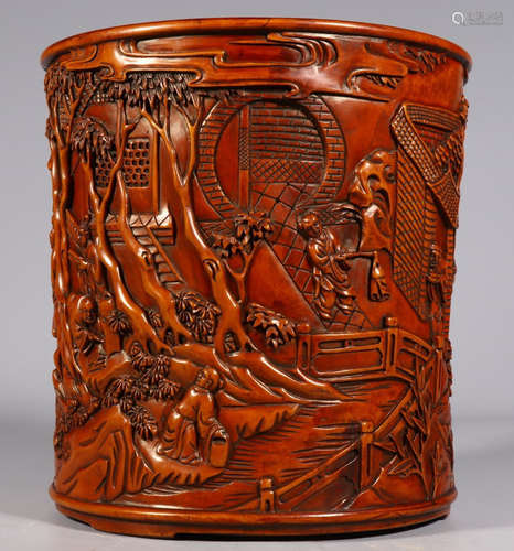 HUANGYANG WOOD BRUSH POT CARVED WITH STORY