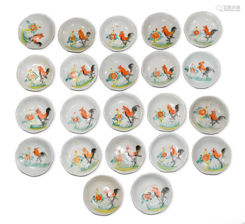 22 Chinese Famille Rose Rooster Plates, 19th Century