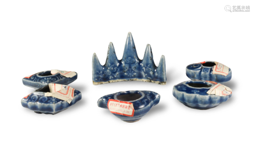 6 Chinese Blue Glazed Scholars Items, 18th - 19th Cent.