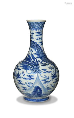 Chinese Blue & White Dragon Vase, 19th C#