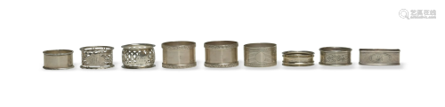 9 English & American Sterling Silver Napkin Rings