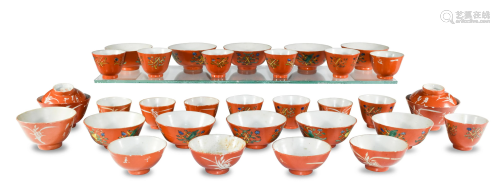 31 Chinese Iron Red Cups and Bowls, Qing