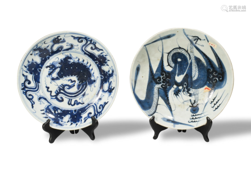 2 Chinese Blue & White Dragon Plates, 18th Century