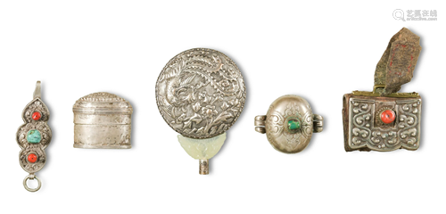 5 Mongolian and Tibetan Silver Items, 19th Century