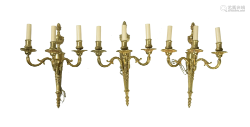 3 French Bronze Three Arm Wall Sconces
