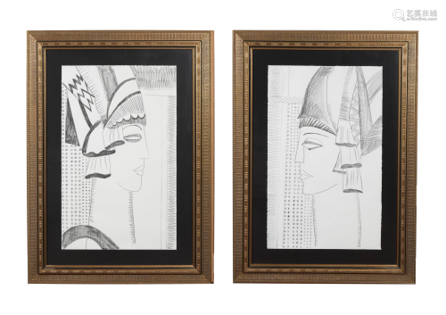 Pair of Large Graphite Drawings Mask I & Mask II