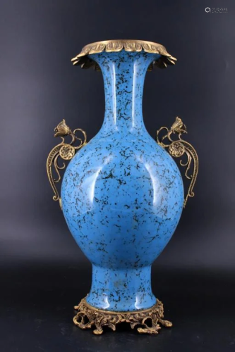 Large Qing Porcelain Blue Vase with Bronze Mount