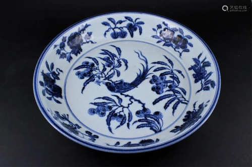 Extra Large Ming Porcelain Blue&White Bird Plate