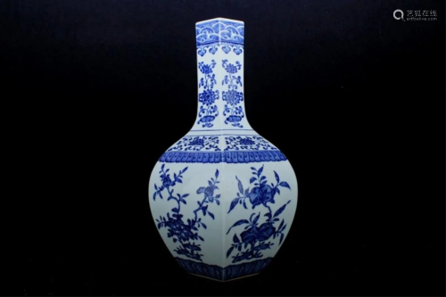 Large Hexagon Qing Porcelain Blue&White Vase