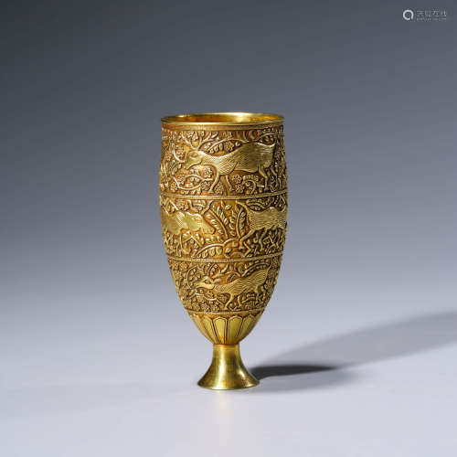 A CHINESE SILVER GILDING DEER CUP