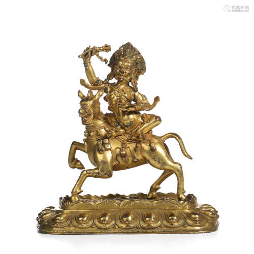 A CHINESE GILT-BRONZE PALDEN LHAMO STATUE