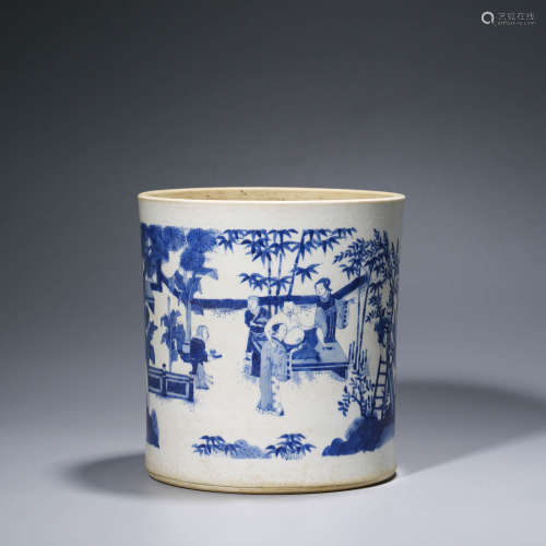 A CHINESE BLUE AND WHITE PORCELAIN STORY BRUSH POT
