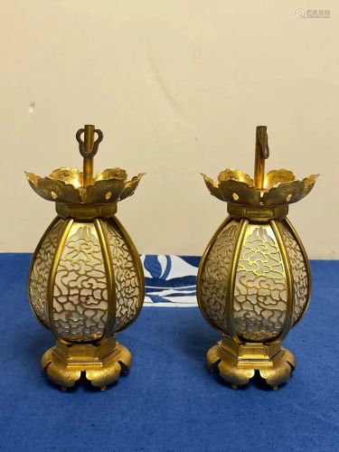 Pair Japanese Gilt Copper Miniture Lanterns