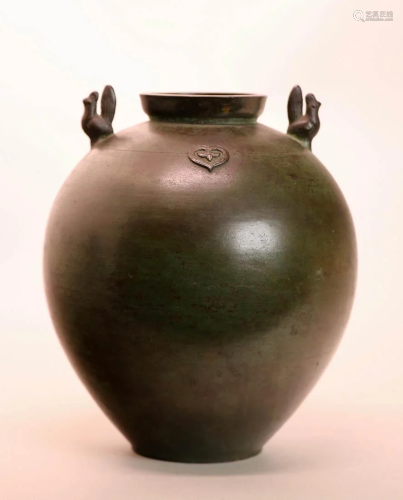 Japanese Bronze Vase with Rooster Handle