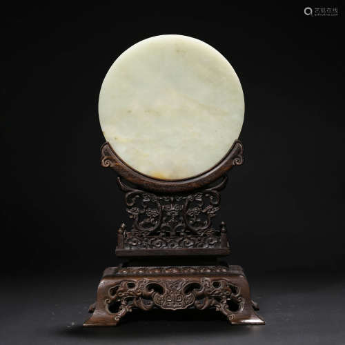 A CHINESE WHITE JADE TABLE SCREEN AND STAND