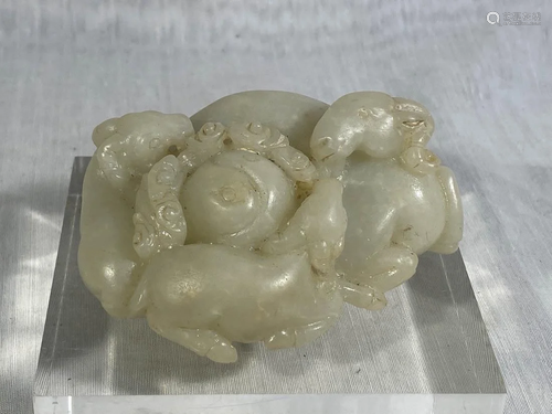 Chinese Carved Nephrite Jade Ram Group