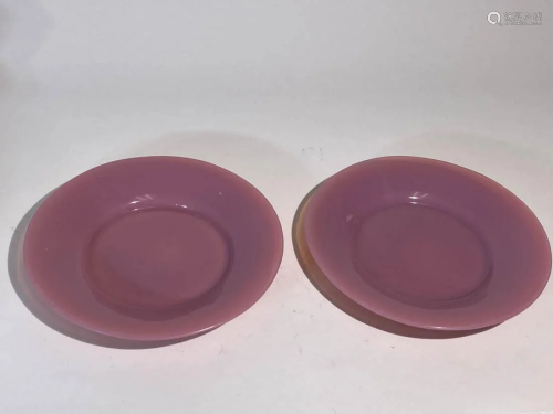 Pair Chinese Peking Glass Dishes - Pink