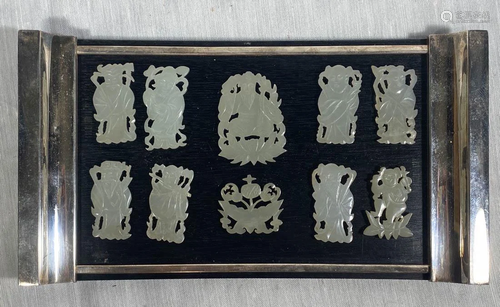 Set of Chinese White Jade Immortal Plaques with Wood