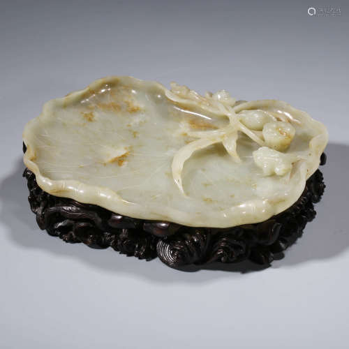 A CHINESE WHITE JADE LOTUS WASHER AND STAND