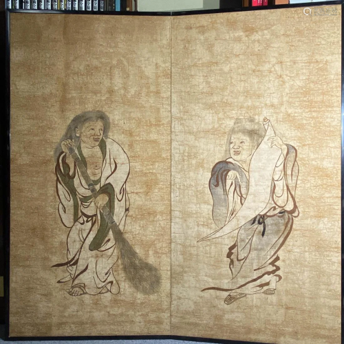 Japanese Two Fold Floor Screen with Figural Scene