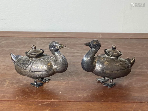 Pair Chinese Sterling Silver Ducks