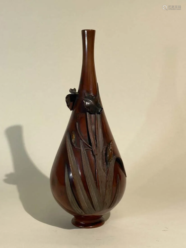 Japanese Meiji Bronze Vase with Iris