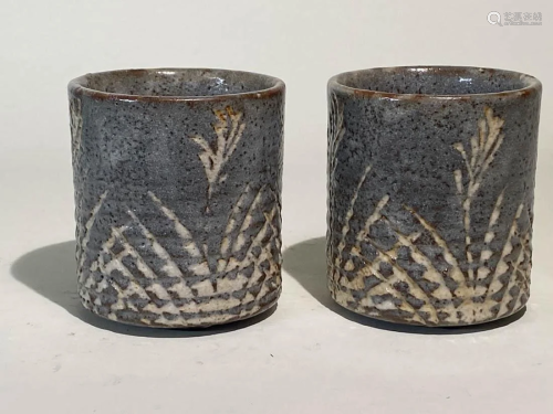 Pair Japanese Studio Potterty Tea Cups - Wheat