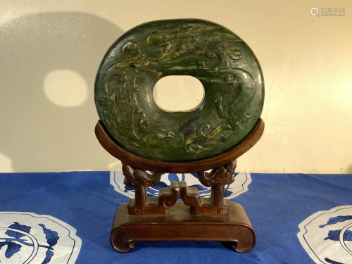 Chinese Oval Spinch Jade Disc on Stand