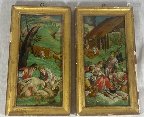 Pair Italian Reverse Glass Painting