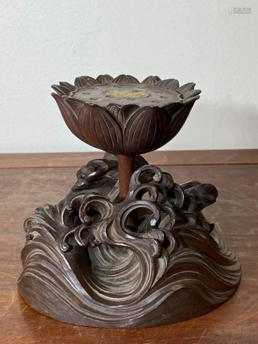 Japanese Carved Wood Lotus on Wave Stand - Dated 1843
