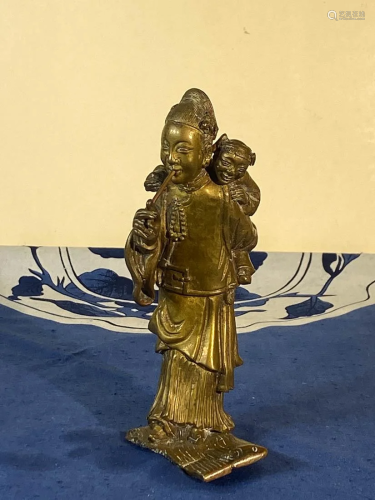 Chinese Solid Bronze Sculpture of Lady with Boy